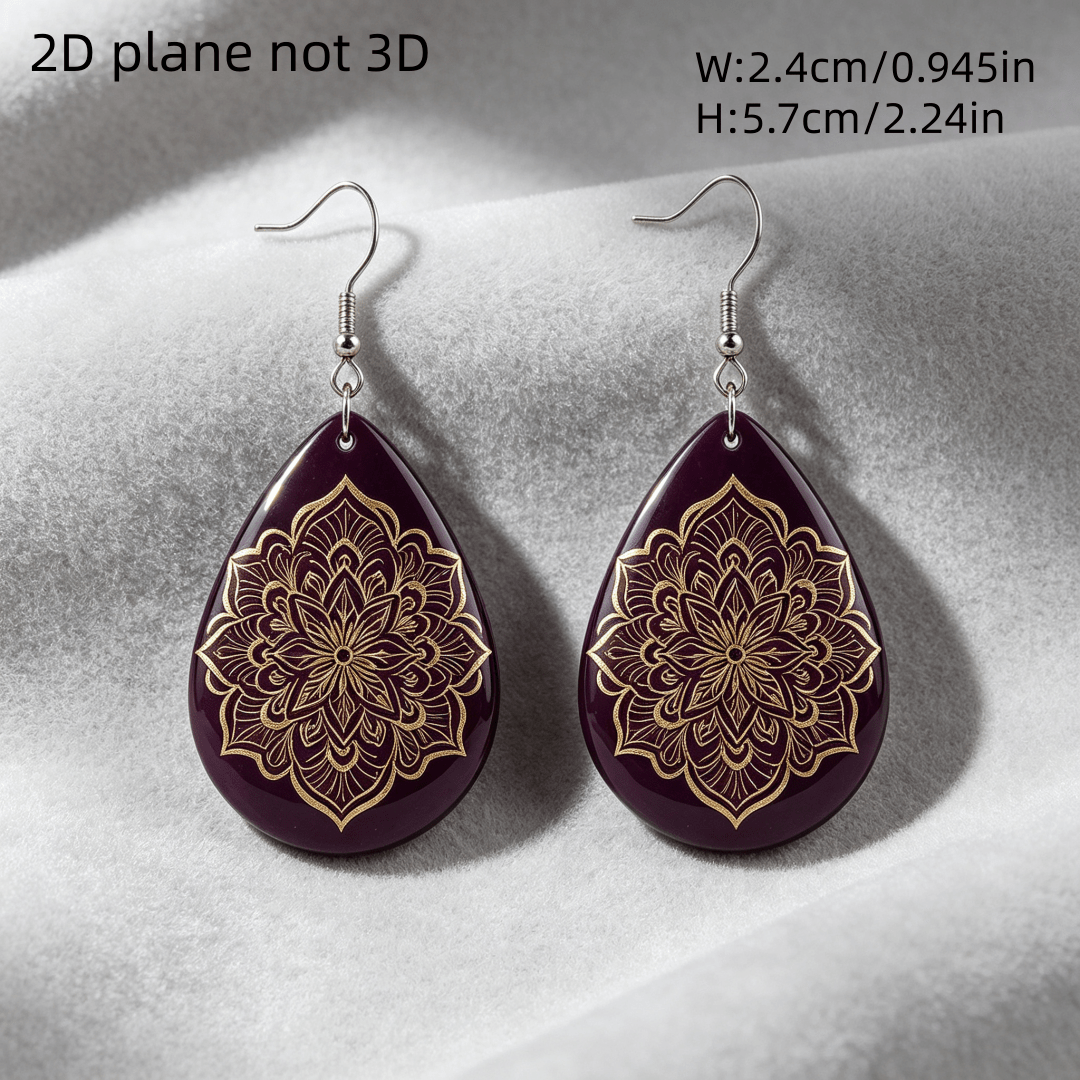 Women's Deep Purple Golden Mandala Teardrop Dangle Earrings